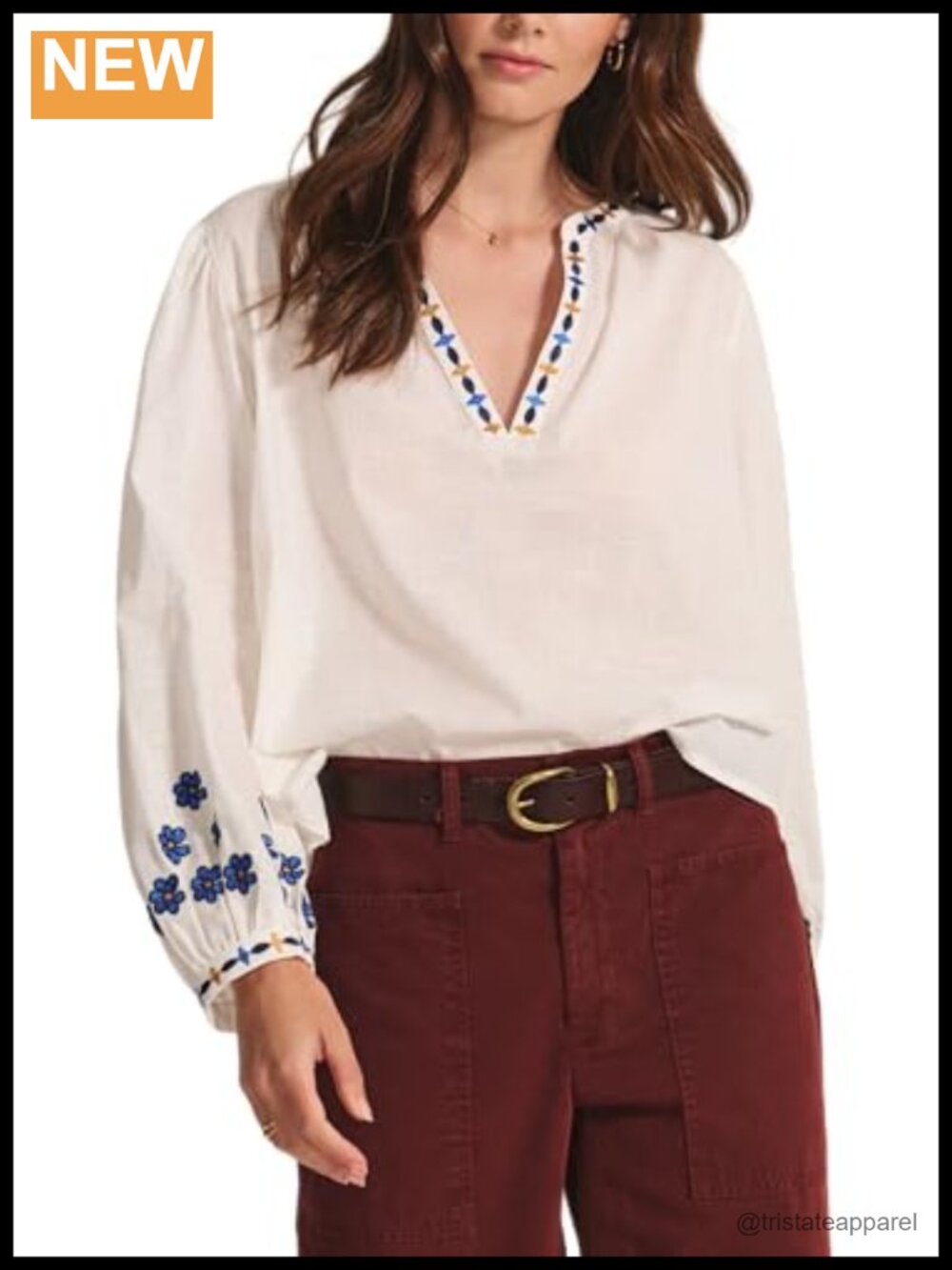 Embroidered Blouse V-Neck Puff Sleeve 100% Cotton Regular Fit Designed in USA